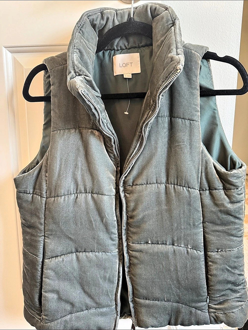 LOFT Velvet Puffer Vest Green Gray